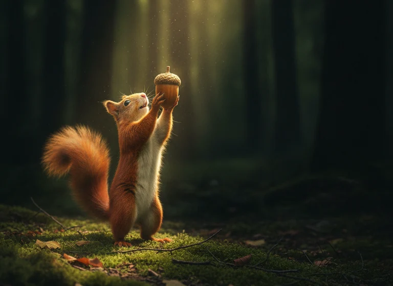 A squirrel holding an acorn up into a shaft of sunlight